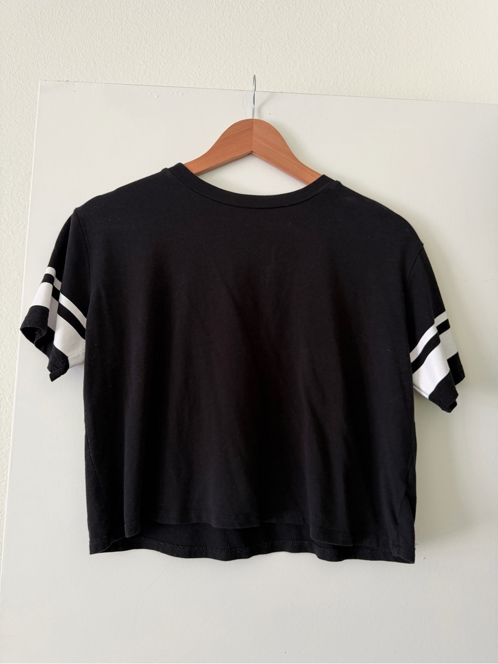 Black Short Sleeve Cropped Tee with White Stripe Sleeves